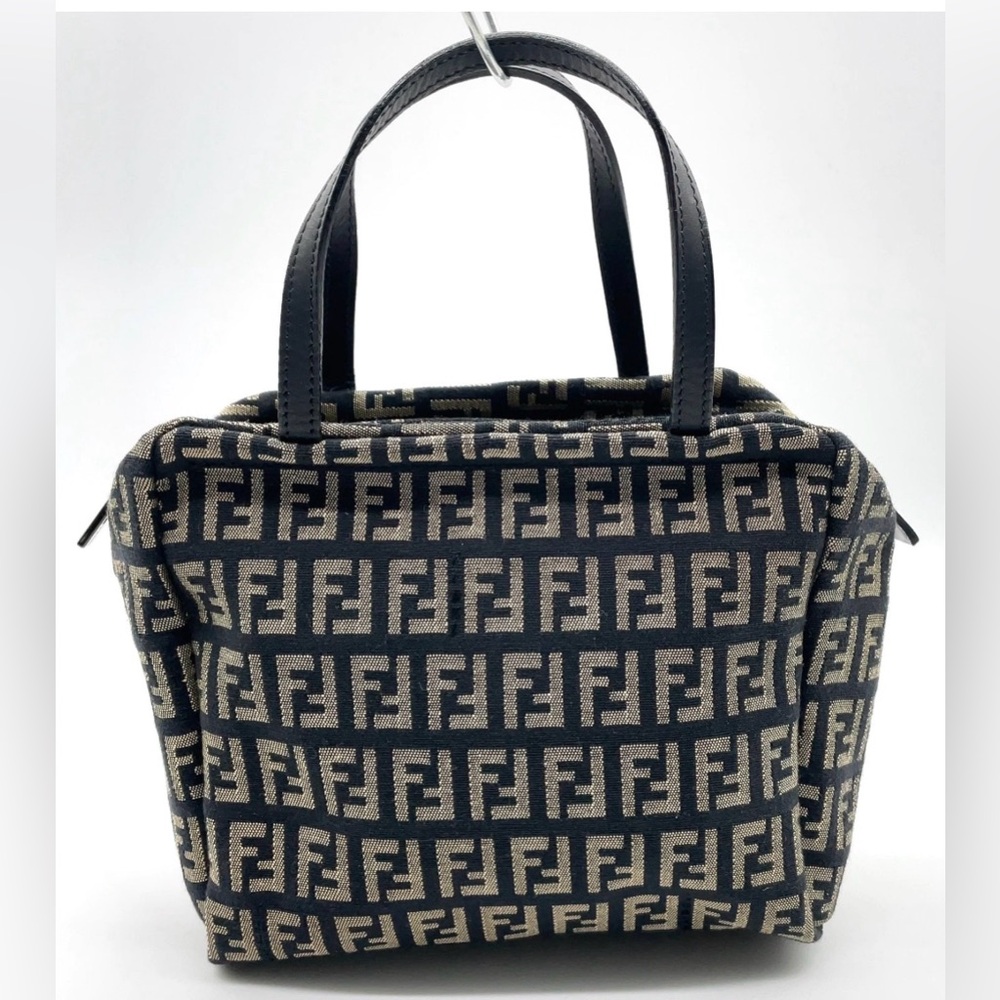Authentic Fendi Zucchino Pattern Canvas Black x Beige Small Handbag - Picture 2 of 15